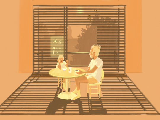 Illustration einer FrühstücksSzene in Orange- und GelbTönen. Ein Mann und ein Kind sitzen in kurzen Hosen und T-Shirt an einem runden Tisch. Das Kind löffelt aus einer MüsliSchale, der Mann hat einen Kaffeepott in der Hand. Die Jalousien sind heruntergelassen. Das Display der Klimaanlage zeigt 32 Grad und ein Sonnensymbol.