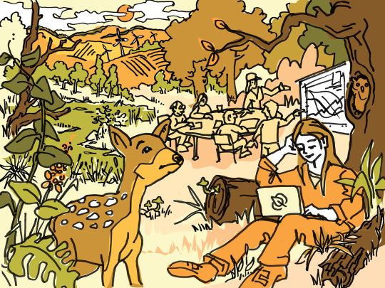 Illustration einer WaldSzene, links ein Reh, rechts eine Frau die gegen einen Baum gelehnt sitzt und ihren Laptop auf dem Schoß hält. Im HinterGrund eine LandSchaft mit Feldern, WindRädern und Bäumen sowie eine Gruppe Menschen, die an einem Tisch sitzend ein Meeting abhält.