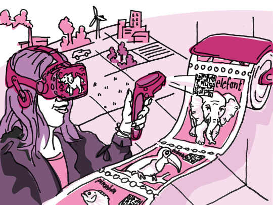 Illustration einer Frau mit Virtual Reality Brille, die mit einem HandScanner einen QR-Code auf einer KloPapierRolle scannt. Im HinterGrund eine LandSchaft in Parzellen, mit einem HochHaus, einem WindRad, einem Auto und einer rauchenden Fabrik.